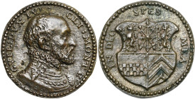 ALLEMAGNE, AE médaille, 1566, Jonghelinck. Guillaume V, duc de Juliers, Clèves et Berg. D/ B. cuir. à d. R/ IN DEO SPES MEA Ecu échancré. Smolderen, J...
