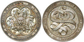 ALLEMAGNE, AR médaille, 1863. Société zoologique de Hambourg. D/ Dans un polylobe anglé, une t. de lion de f. entourée d'autres animaux. R/ Attribuée ...