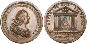 SAINT EMPIRE, AE médaille, 1764. Visite de François Ier aux mines de Hongrie. D/ B. l., dr. et cuir. à d. R/ Un mineur au travail dans un temple. Slg....