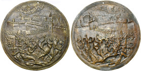 PAYS-BAS MERIDIONAUX, AE médaillon, s.d. (1577). La garnison fidèle au commandant Treslong expulsée de la citadelle d'Anvers. D/ La garnison fidèle à ...