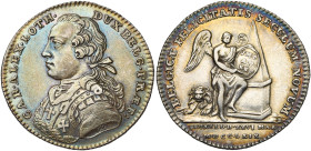 PAYS-BAS MERIDIONAUX, AR jeton, 1769, J. Roettiers. Jubilé de Charles de Lorraine pour ses 25 ans de gouvernement. D/ B. dr. et cuir. à g. R/ BELGICAE...