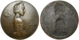 BELGIQUE, AE médaille, s.d. (avant 1911), Bonnetain. La Bretagne (Bretonne de Pont-l'Abbé). D/ Buste à mi-corps d'une jeune femme tournée à d., dans u...