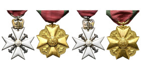 BELGIQUE, croix et médaille commémoratives du 25e anniversaire de l’inauguration du règne de Léopold Ier, avec rubans amarante à liseré vert pour la g...