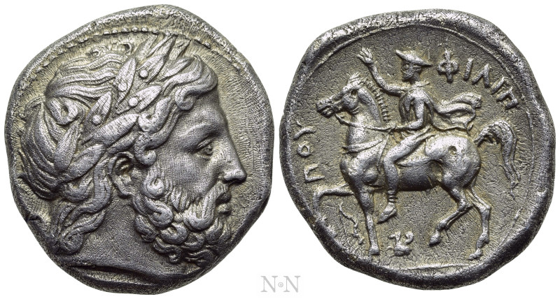 KINGS OF MACEDON. Philip II (359-336 BC). Tetradrachm. Amphipolis.

Obv: Laure...
