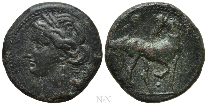 CARTHAGE. Second Punic War. Ae 1½ Shekels (Circa 203-201 BC). 

Obv: Wreathed ...