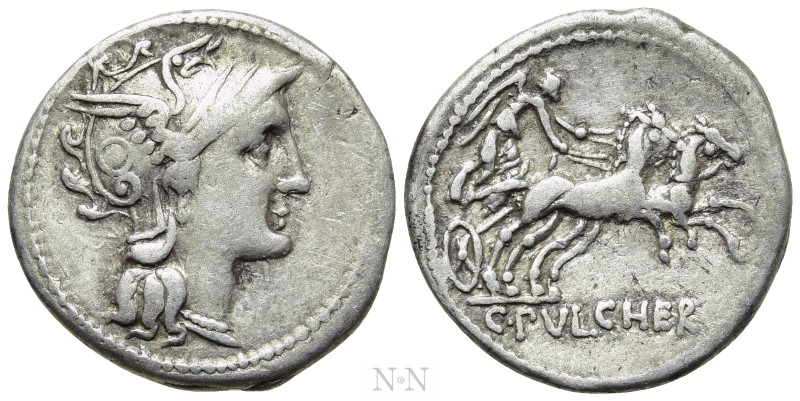 C. CLAUDIUS PULCHER. Denarius (110-109 BC). Rome. 

Obv: Helmeted head of Roma...