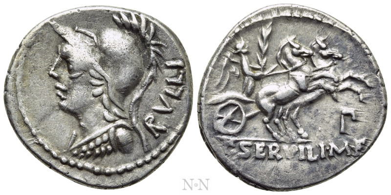 P. SERVILIUS M. F. RULLUS. Denarius (100 BC). Rome. 

Obv: RVLLI. 
Helmeted b...