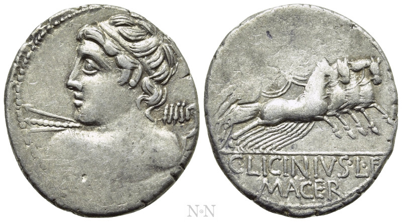 C. LICINIUS L.F. MACER. Denarius (84 BC). Rome. 

Obv: Bust of Apollo Vejovis ...