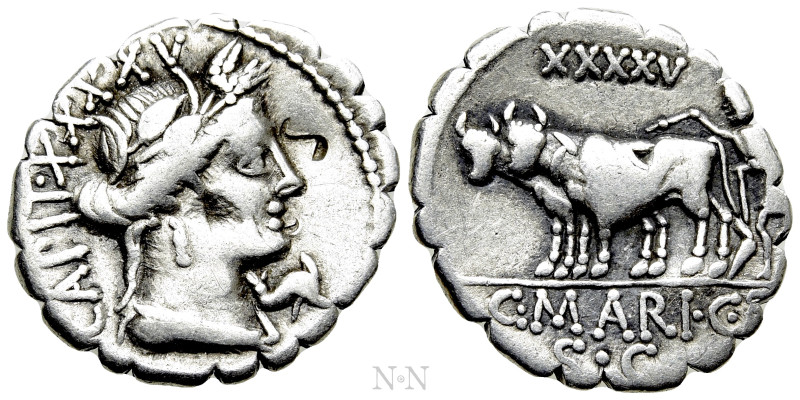 C. MARIUS C. F. CAPITO. Serrate Denarius (81 BC). Rome. 

Obv: CAPIT XXXXV. 
...