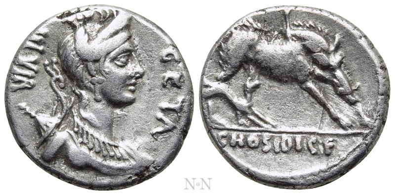 C. HOSIDIUS C.F. GETA. Denarius (64 BC). Rome. 

Obv: III VIR / GETA. 
Diadem...