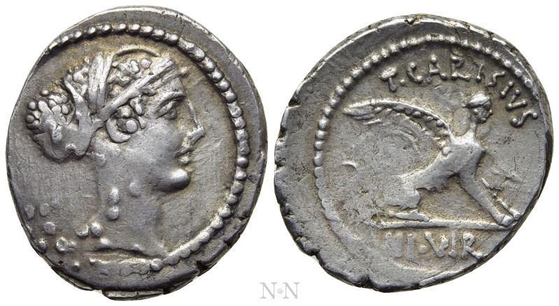 T. CARISIUS. Denarius (46 BC). Rome. 

Obv: Head of Sibyl Herophile right.
Re...