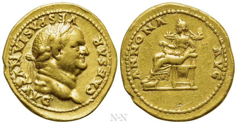 VESPASIAN (69-79). GOLD Aureus. Rome.

Obv: CAESAR VESPASIANVS AVG.
Laureate ...