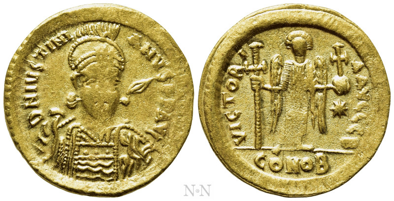 JUSTINIAN I (527-565). GOLD Solidus. Constantinople. 

Obv: D N IVSTINIANVS P ...