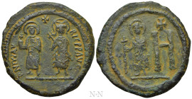 MAURICE TIBERIUS, with CONSTANTINA and THEODOSIUS (582-602). Follis or 8 Pentanummia. Cherson