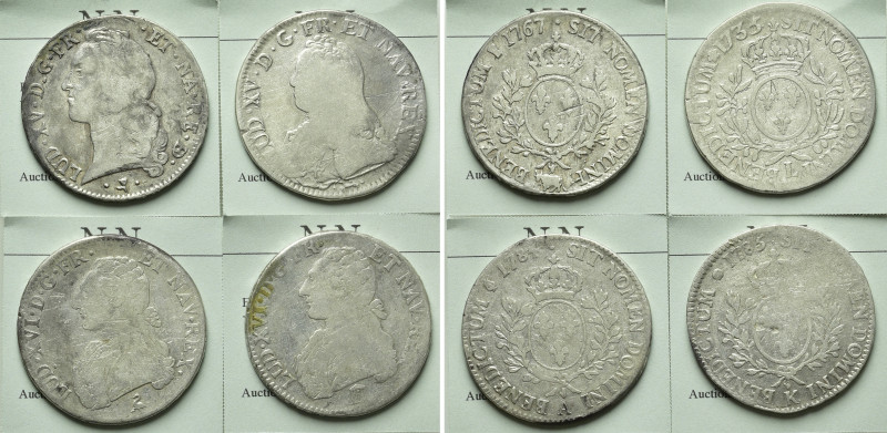 4 Coins / Ecu of France; Louis XV and Louis XVI. 

Obv: .
Rev: .

. 

Con...