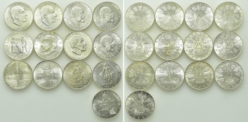 13 x 25 Schilling Silver Coins of Austria (10.40 gr. fine per piece). 

Obv: ....