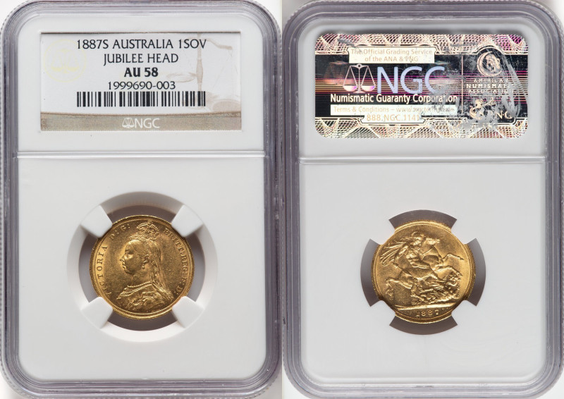 Victoria gold "Jubilee Head" Sovereign 1887-S AU58 NGC, Sydney mint, KM10. HID09...