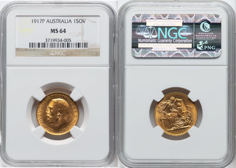 George V gold Sovereign 1917-P MS64 NGC, Perth mint, KM29, Fr-39. An appealing n...