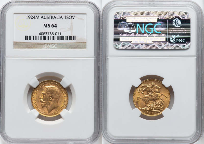 George V gold Sovereign 1924-M MS64 NGC, Melbourne mint, KM29, Fr-39. HID0980124...