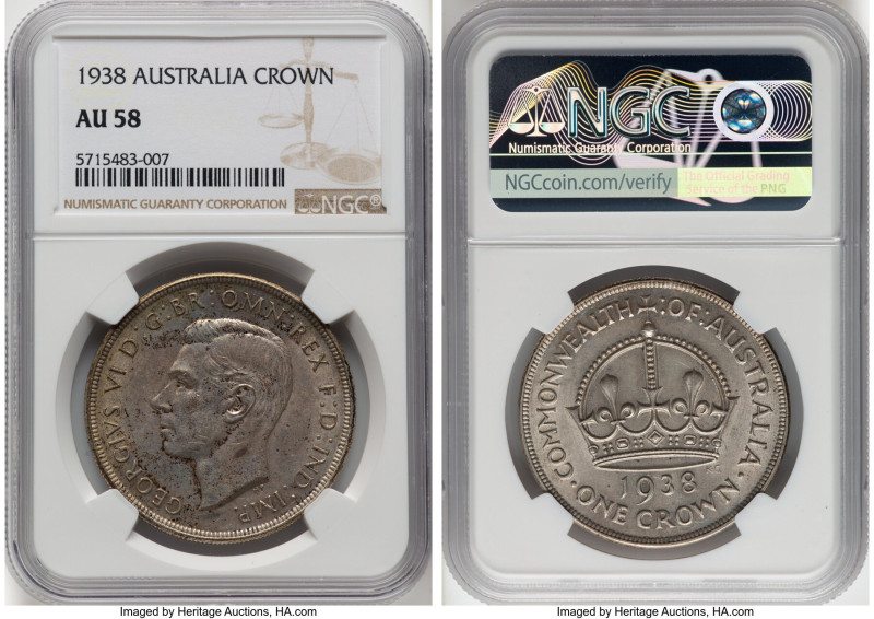 George VI Crown 1938-(m) AU58 NGC, Melbourne mint, KM34. Scarcer date of two yea...