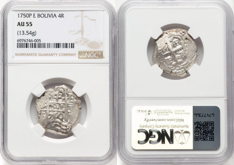 Philip V Cob 4 Reales 1750 P-E AU55 NGC, Potosi mint, KM39. 13.54gm. Readable da...