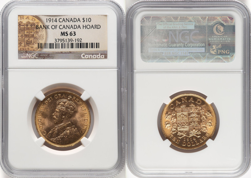 George V gold 10 Dollars 1914 MS63 NGC, Ottawa mint, KM27, Fr-3. Bank of Canada ...