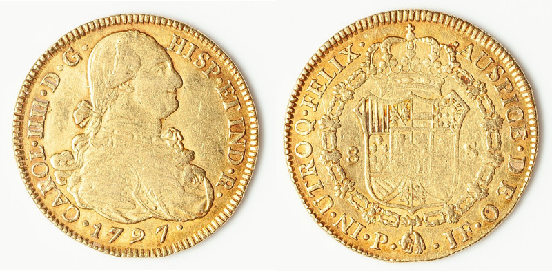 Charles IV gold 8 Escudos 1797 P-JF XF, Popayan mint, KM62, Cal-1669. 36.9mm. 27...