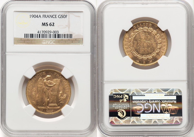 Republic gold 50 Francs 1904-A MS62 NGC, Paris mint, KM831, F-549/6, Gad-1113. H...