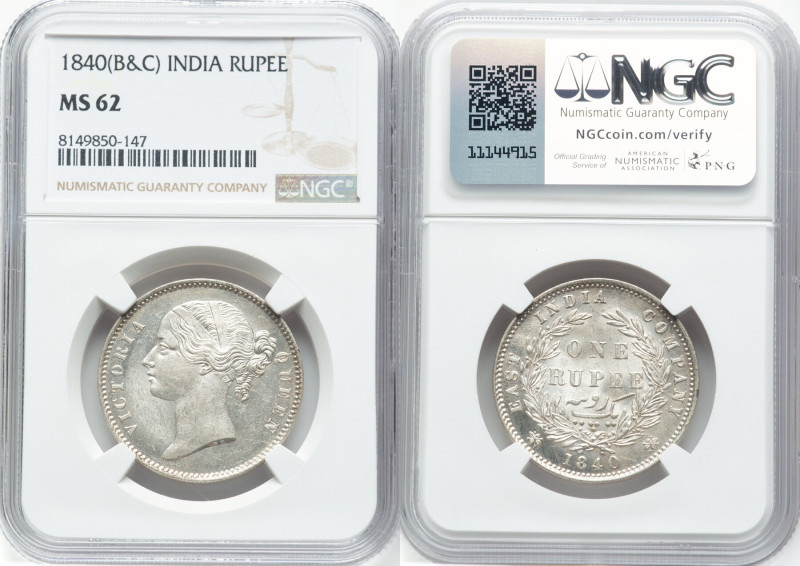 British India. Victoria Pair of Certified Rupees 1840-(b & c) MS62 NGC, Calcutta...