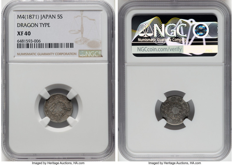 Meiji "Dragon Type" 5 Sen Year 4 (1871) XF40 NGC, Osaka mint, KM-Y1, JNDA 01-33....