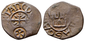 gaeta Tancredi Re di Sicilia, 1189-1194. Follaro. Æ gr. 4,33 Dr. BTANC[ DEI GRA RE]X. Croce potenziata, con globetto alle estremità, accantonata da cu...