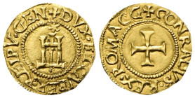 GENOVA Dogi Biennali, 1528-1797. II Fase, 1541-1637. Scudo d'oro del Sole s. data. Au gr. 3,41 Dr. +DVX• ET• GVBER•REIPV•GEN. Castello sormontato da s...