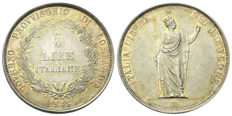 MILANO Governo Provvisorio di Lombardia, 1848. 5 Lire 1848 rami corti, base sott...