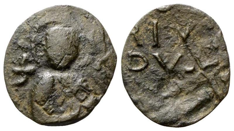 salerno Ruggero Borsa, 1085-1111. Follaro. Æ gr. 4,89 Dr. Busto di San Matteo fr...