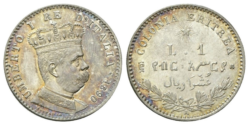 COLONIA ERITREA Umberto I, 1890-1896. Lira 1890 Roma. Ag Dr. Busto a d., in unif...