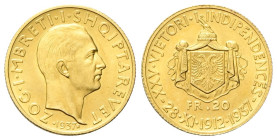 ALBANIA Re Zogu I, 1925-1939. 20 Franga 1937. Au gr. 6,45 Dr. Testa nuda a d. Rv. Stemma e valore. KM#20; Fried. 12. Molto Raro. q. FDC