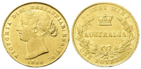 AUSTRALIA Regina Vittoria, 1837-1901. Sterlina 1866, zecca di Sidney. Au gr. 7,92 Dr. Testa a s., con corone di spighe. Rv. Corona tra rami di alloro ...