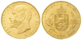 BULGARIA Ferdinando I, Zar di Bulgaria, 1887-1918. 20 Leva 1908 (1912). Au gr. 6,44 Dr. Testa nuda a s. Rv. Stemma coronato con ai lati valore, tra ra...