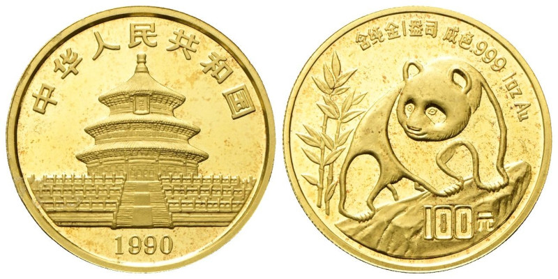 CINA Repubblica Popolare Cinese, dal 1949. 100 Yuan 1990 Panda. Au gr. 31,07 Dr....