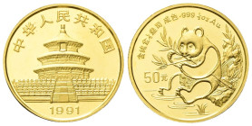 CINA Repubblica Popolare Cinese, dal 1949. 50 Yuan 1991 Panda. Au gr. 15,55 Dr. Tempio del Cielo. Rv. Panda mangia il bambù. KM#349; Fr. B5. Fondo Spe...