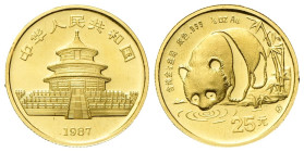 CINA Repubblica Popolare Cinese, dal 1949. 25 Yuan 1987 Panda. Au gr. 7,78 Dr. Tempio del Cielo. Rv. Panda che beve. KM#161; Fr. B6. FDC