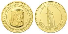 Dubai Mohammed bin Rashid Al Maktum, dal 2006. 1/4 di Oncia 2007. Au gr. 8,49 Dr. Busto dello sceicco, di scorcio, verso s. Rv. Burj al-Arab Hotel. FD...