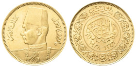 EGITTO Farouk, I 1936-1952. Pound AH 1357 (1938). Au gr. 8,47 Dr. Busto a s., in uniforme. Rv. Valore e data entro corona di fiori. KM#372; Fr. 113. q...