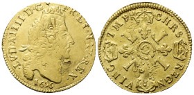 FRANCIA Luigi XIV di Borbone (Re di Francia), 1643-1715. Louis d'or aux quatre L 1696 C, zecca di Caen. Au gr. 6,68 Dr. LVD XIIII D G (fiore) - FR ET ...