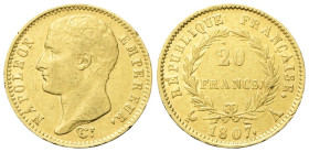 FRANCIA Napoleone I Imperatore, 1804-1814 e 1815. 20 Franchi 1807 A, Parigi. Au gr. 6,40 Dr. Testa nuda a s. Rv. Valore entro rami di lauro. Gad. 1023...