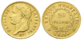 FRANCIA Napoleone I Imperatore, 1804-1814 e 1815. 20 Franchi 1811 A Parigi. Au gr. 6,38 Dr. Testa laureata a s. Rv. Valore entro rami di lauro; sotto,...