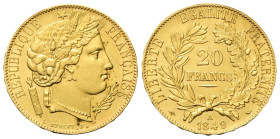 FRANCIA II Repubblica, 1848-1852. 20 Franchi 1849 A, zecca di Parigi. Au gr. 6,42 Dr. Testa muliebrecon corona di spighe e foglie di quercia. Rv. Valo...