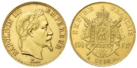 FRANCIA Napoleone III Imperatore, 1852-1870. 100 Franchi 1869 A, Parigi. Au gr. 32,15 Dr. Testa laureata a d.


 Rv. Stemma coronato entro padiglione....