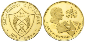 FUJAIRAH, Emirate Emirato. Muhammad bin Hamad al-Sharqi, 1952-1974. 100 Riyal 1970, Visita di Paolo VI in Australia. Au gr. 20,70 Dr. Stemma nazionale...