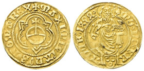 GERMANIA Maximilian I, 1493-1519. Frankfurt. Goldgulden 1494. Au gr. 3,25 Dr. MAXIMILIANVS ROMA REX. Globo crucigero entro cornice trilobata.

 Rv. (f...